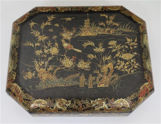 A Chinese lacquer games box with cards and mother-of-pearl counters